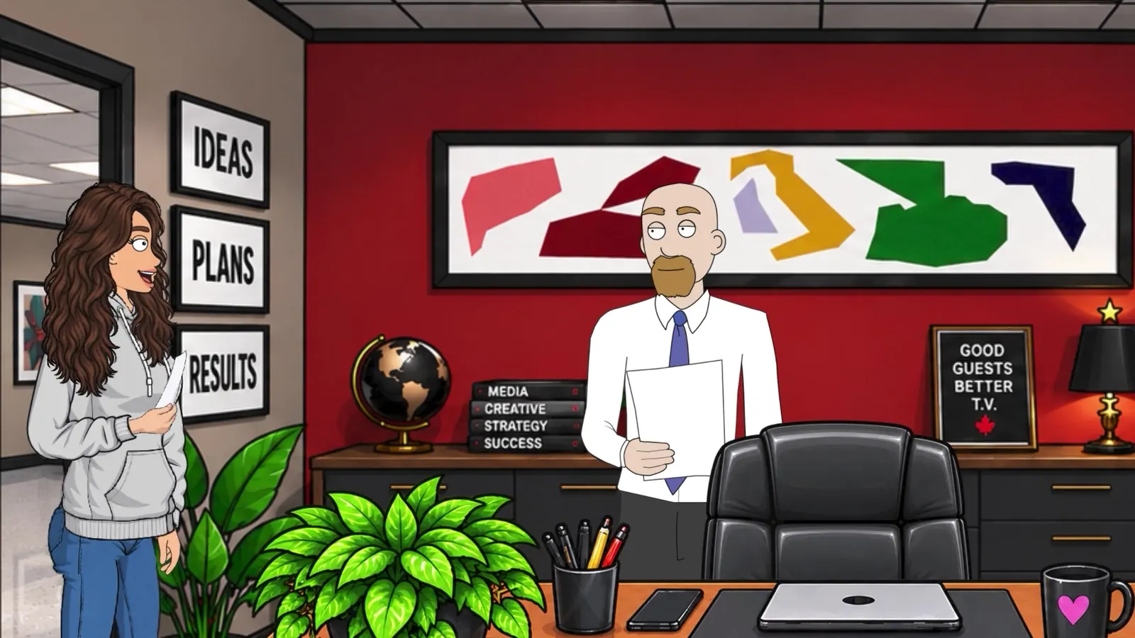 Gina Stabaloto arrives for her job interview while Shawn Geekory waits behind his desk