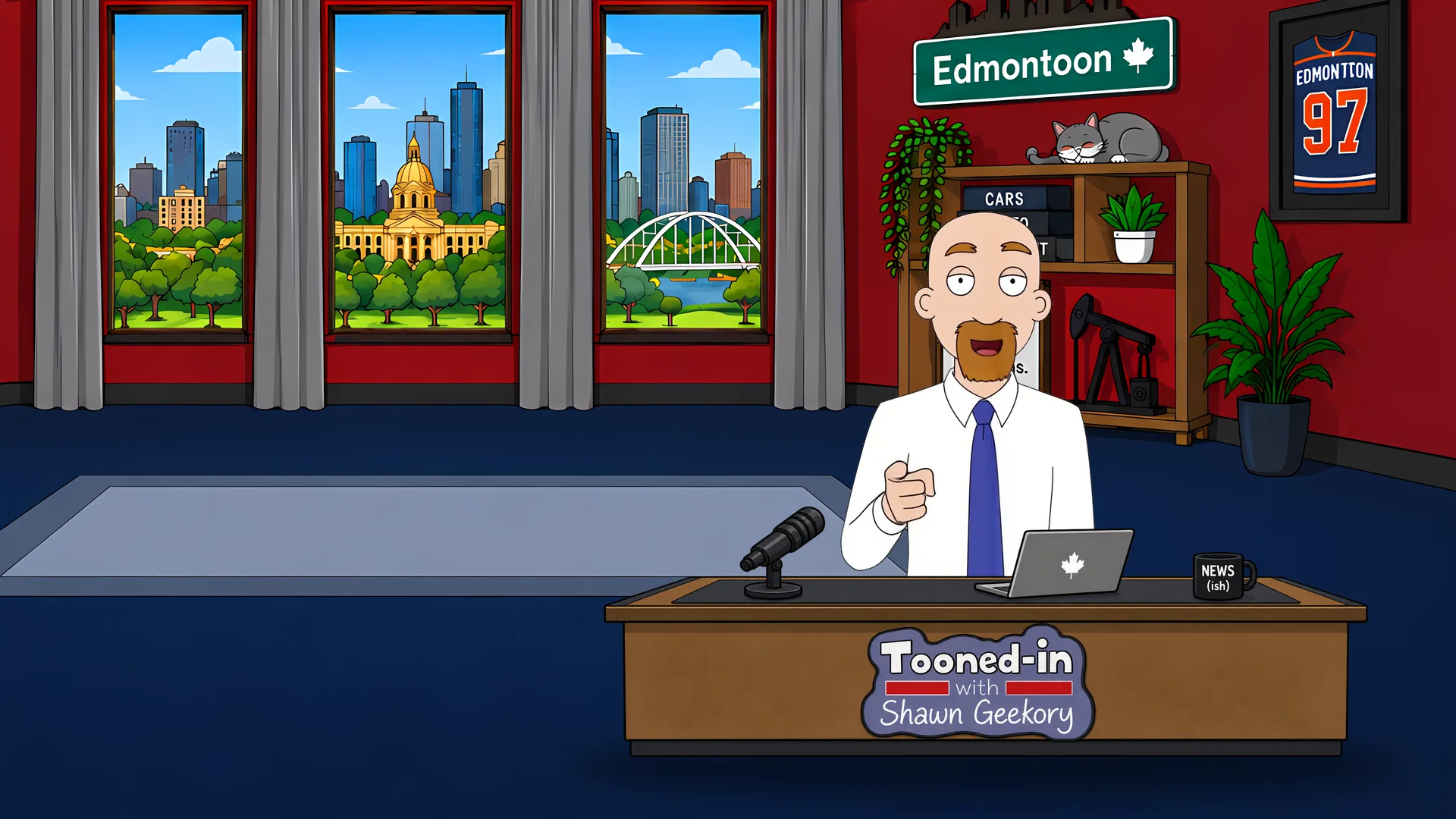 Cartoon news anchor Shawn Geekory pointing at the viewer from the Tooned-in news desk in the Edmonton studio